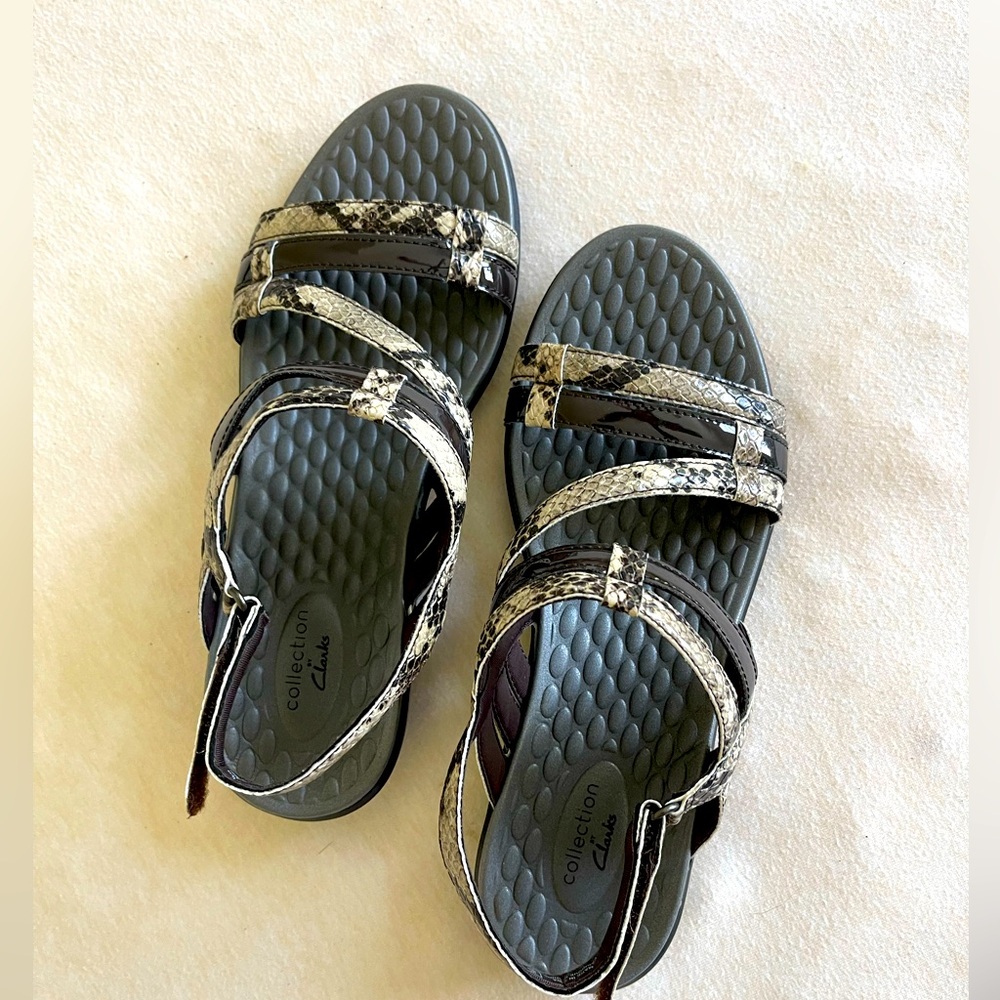 Clark’s size 9M snake type skin and black straps.  Like new condition.